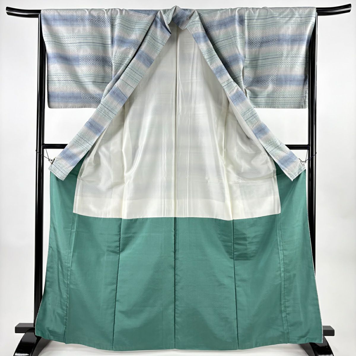 【美品】 紬織 身長168cm 袖長66cm M 雙層 段紋 菱形 水色 純蠶絲 名品級