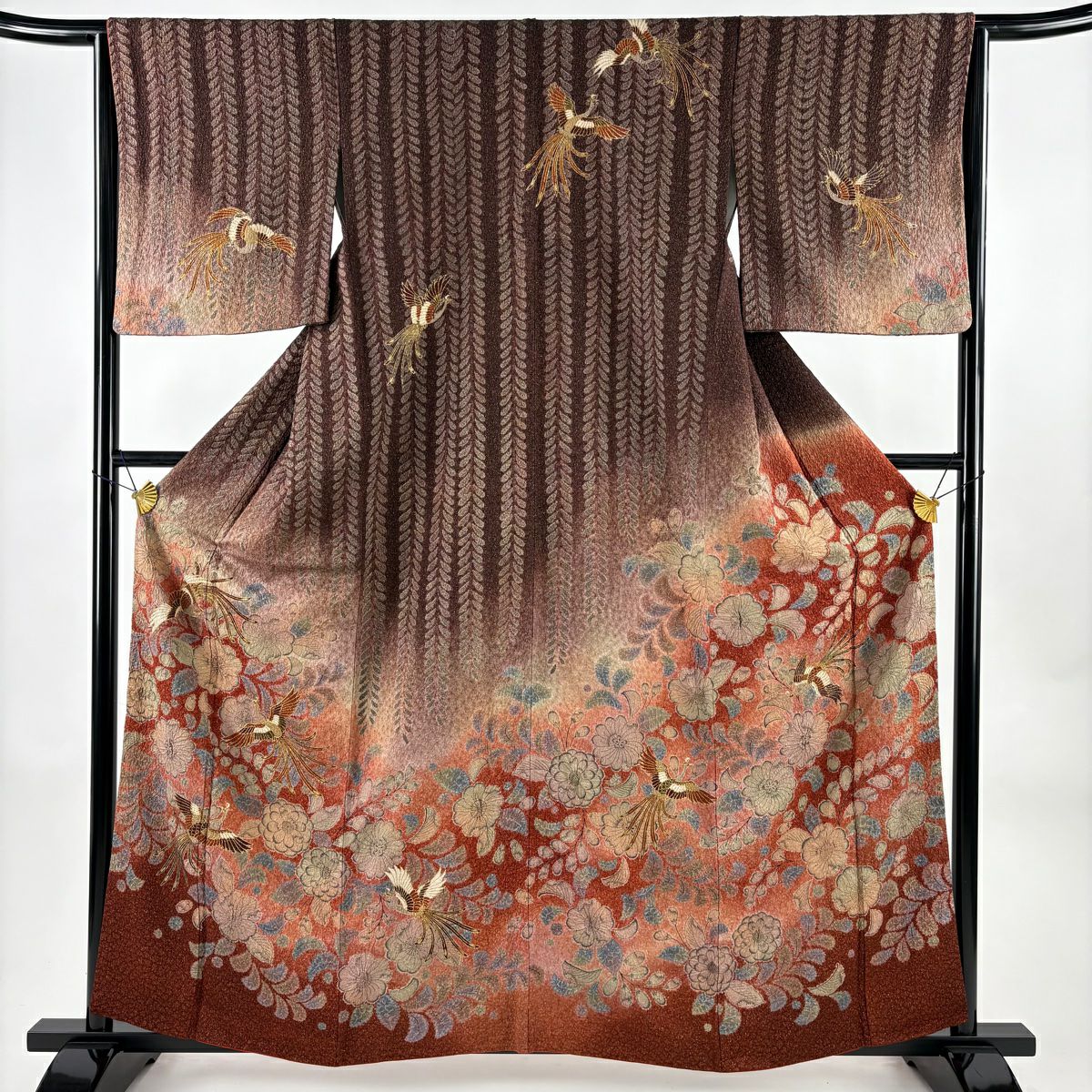 訪問服 身長159cm 袖長64.5cm M 雙層 鳳凰 辻花染 金彩裝飾 金絲 紅茶 純蠶絲 名品級
