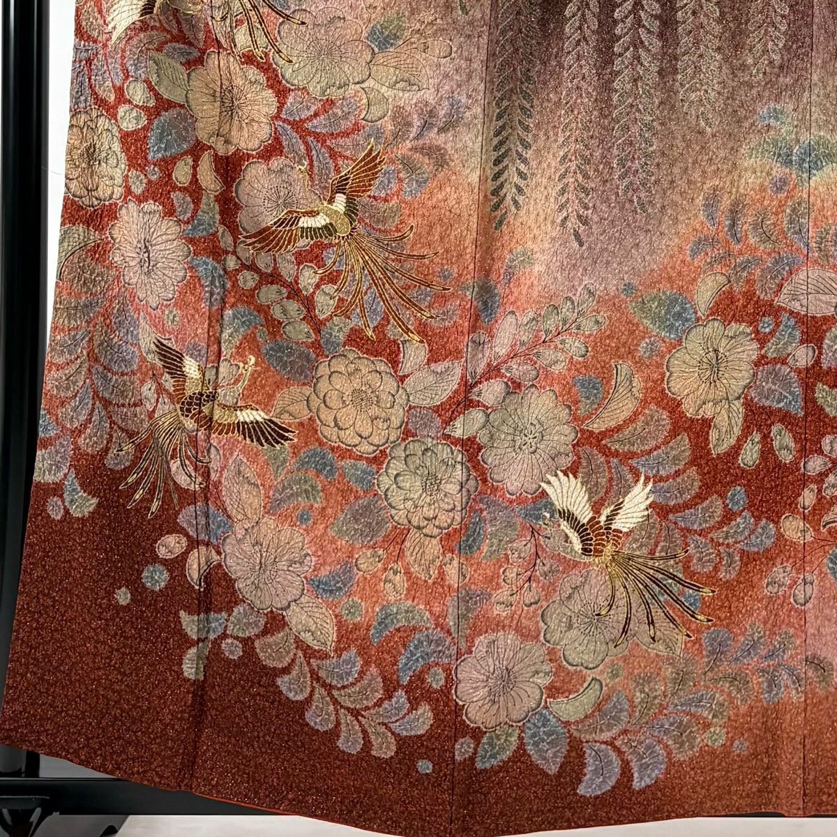 訪問服 身長159cm 袖長64.5cm M 雙層 鳳凰 辻花染 金彩裝飾 金絲 紅茶 純蠶絲 名品級