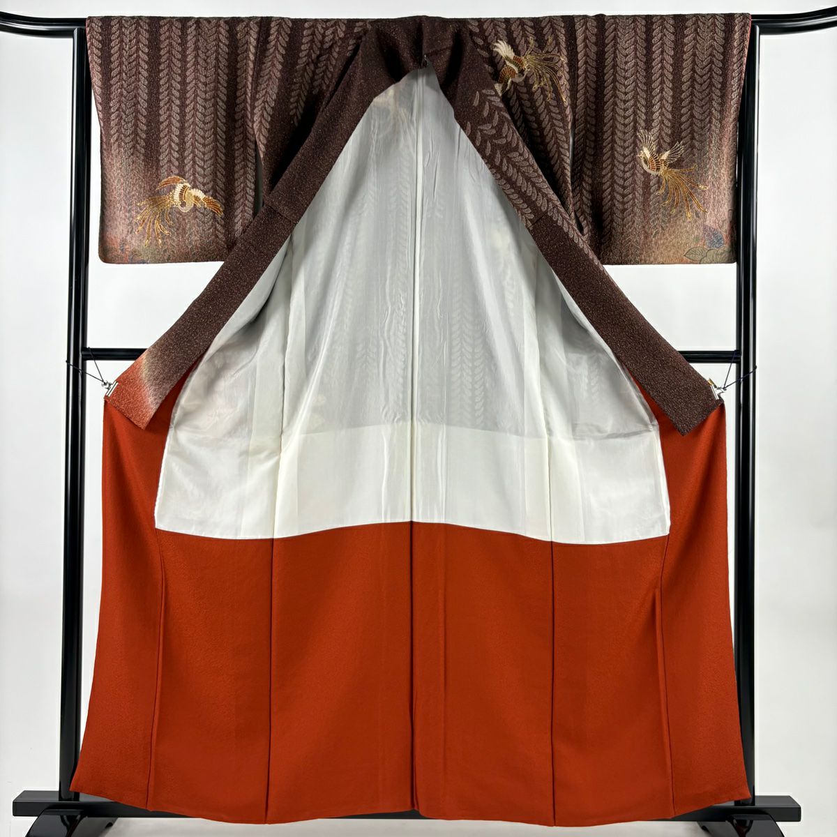 訪問服 身長159cm 袖長64.5cm M 雙層 鳳凰 辻花染 金彩裝飾 金絲 紅茶 純蠶絲 名品級