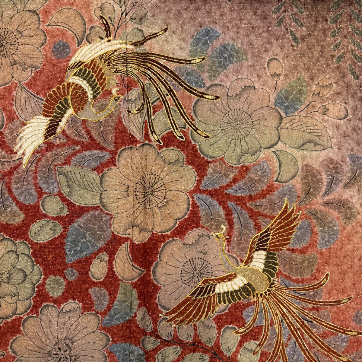 訪問服 身長159cm 袖長64.5cm M 雙層 鳳凰 辻花染 金彩裝飾 金絲 紅茶 純蠶絲 名品級