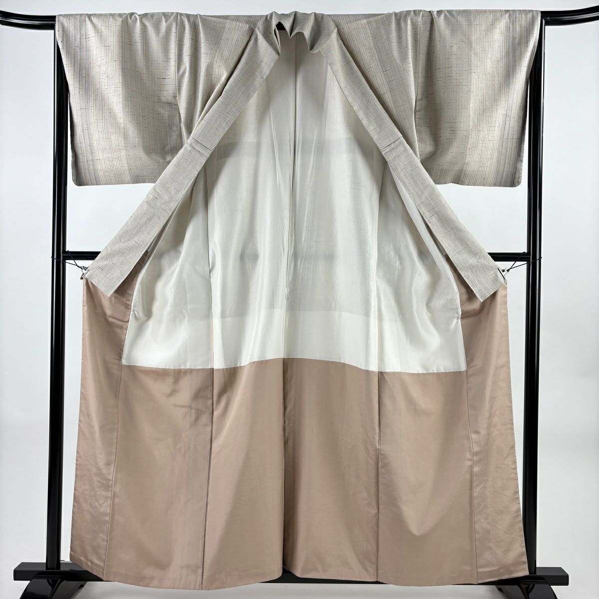 紬織 身長159.5cm 袖長67cm M 雙層 縞 灰白 純蠶絲 名品級