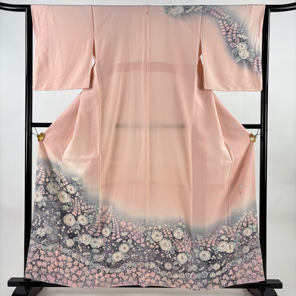 訪問服 身長160cm 袖長63.5cm S 雙層 翠山工房 落款あり 辻花染 漸層 粉紅 純蠶絲 名品級 一つ紋