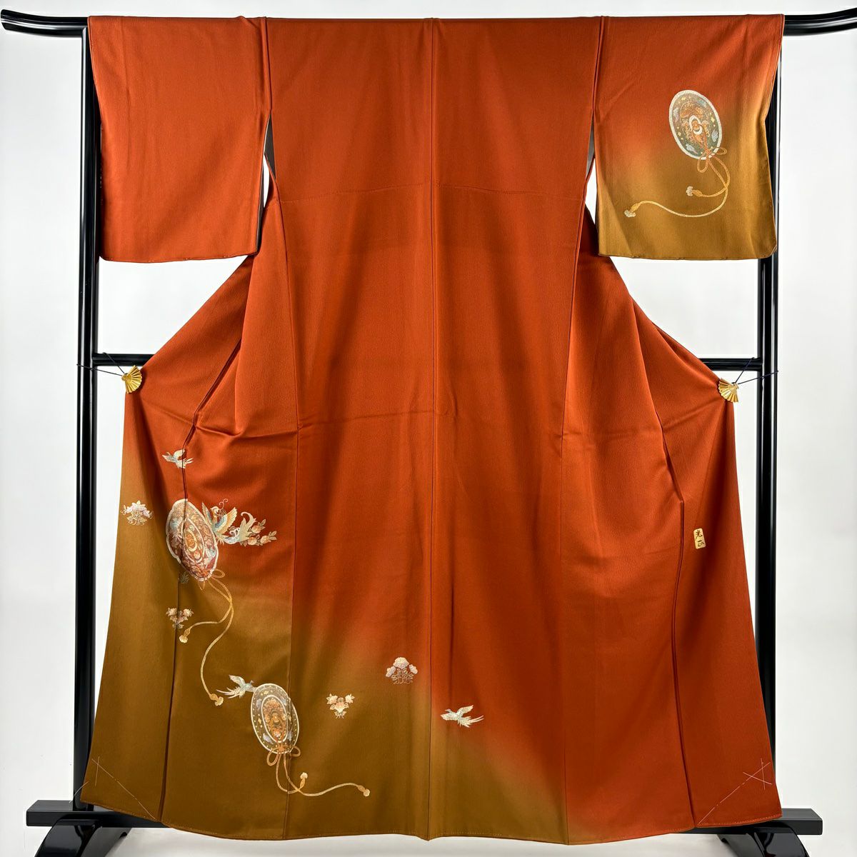 【美品】 付下 身長159.5cm 袖長67cm M 雙層 和田光正 落款 鏡裏文 花鳥 金銀彩 紅茶 純蠶絲 名品級