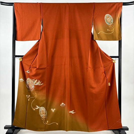 【美品】 付下 身長159.5cm 袖長67cm M 雙層 和田光正 落款 鏡裏文 花鳥 金銀彩 紅茶 純蠶絲 名品級