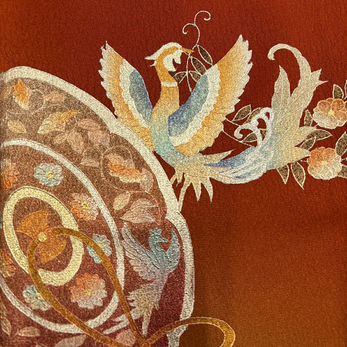【美品】 付下 身長159.5cm 袖長67cm M 雙層 和田光正 落款 鏡裏文 花鳥 金銀彩 紅茶 純蠶絲 名品級