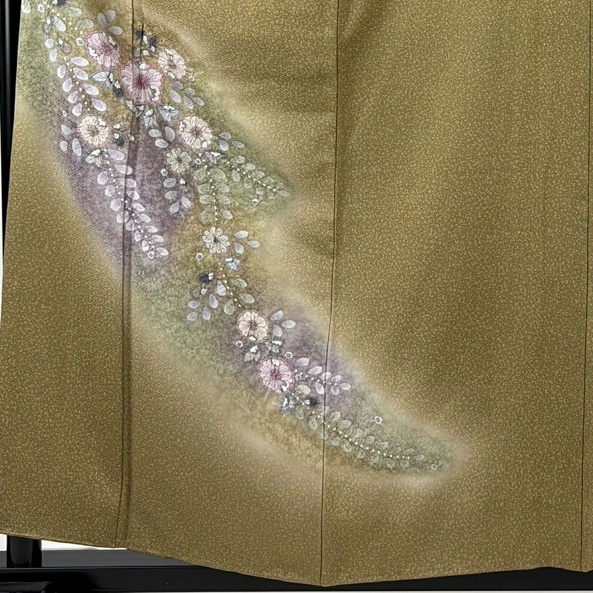 付下 身長159.5cm 袖長66.5cm M 雙層 落款あり 辻花染圖案 染分 ぼかし 茶綠 純蠶絲 名品級