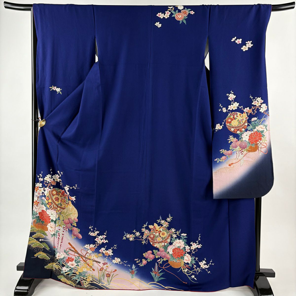 振袖禮服 身長169.5cm 袖長68cm L 雙層 鞠 松樹梅花 金銀彩 漸層 青紫 純蠶絲 名品級