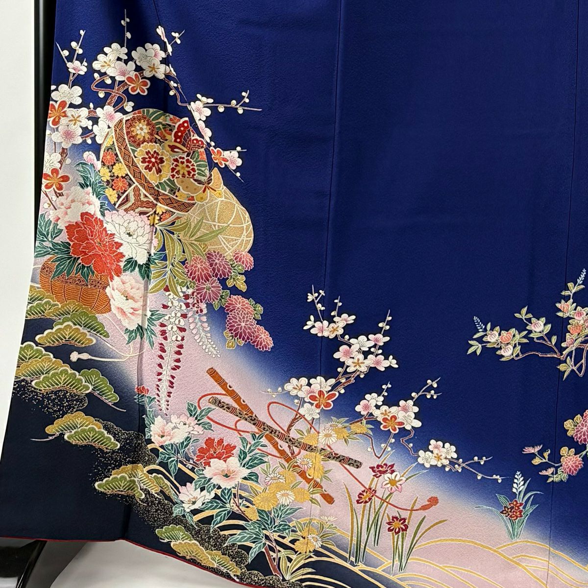 振袖禮服 身長169.5cm 袖長68cm L 雙層 鞠 松樹梅花 金銀彩 漸層 青紫 純蠶絲 名品級
