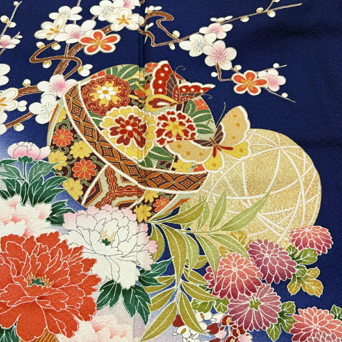 振袖禮服 身長169.5cm 袖長68cm L 雙層 鞠 松樹梅花 金銀彩 漸層 青紫 純蠶絲 名品級