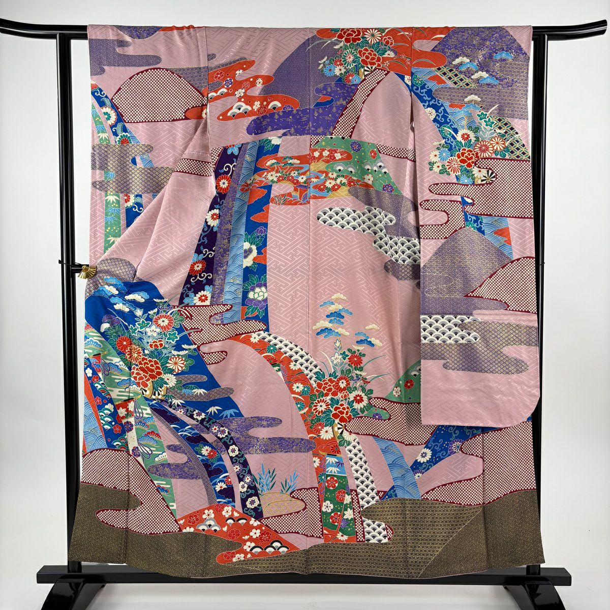 【美品】振袖禮服 身長157.5cm 袖長62cm S 雙層 松樹竹子梅花 草花紋紋 金糸 金銀彩 粉紅 純蠶絲 名品級