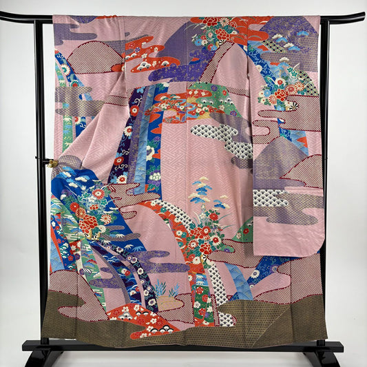【美品】振袖禮服 身長157.5cm 袖長62cm S 雙層 松樹竹子梅花 草花紋紋 金糸 金銀彩 粉紅 純蠶絲 名品級