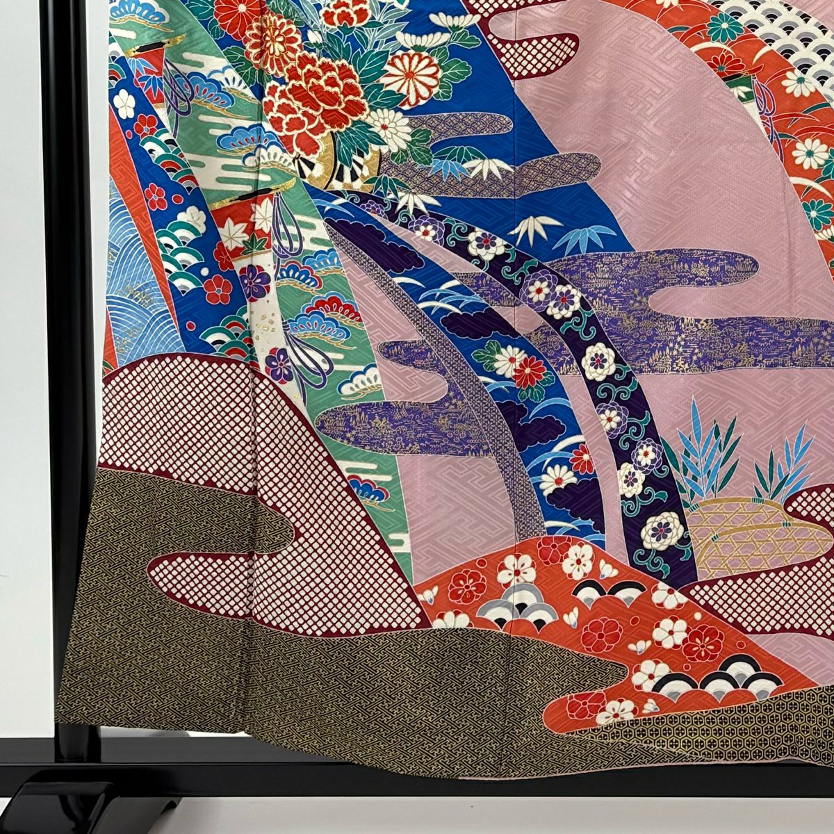【美品】振袖禮服 身長157.5cm 袖長62cm S 雙層 松樹竹子梅花 草花紋紋 金糸 金銀彩 粉紅 純蠶絲 名品級