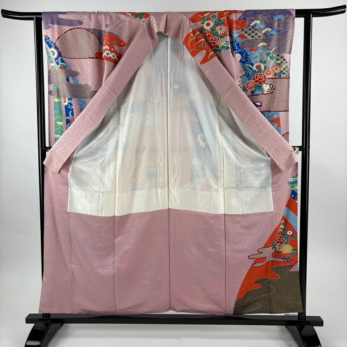 【美品】振袖禮服 身長157.5cm 袖長62cm S 雙層 松樹竹子梅花 草花紋紋 金糸 金銀彩 粉紅 純蠶絲 名品級