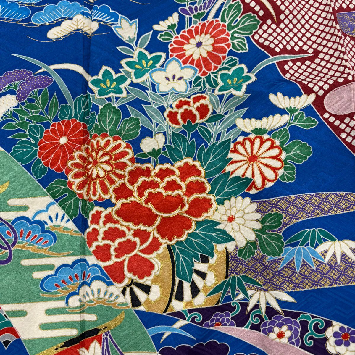 【美品】振袖禮服 身長157.5cm 袖長62cm S 雙層 松樹竹子梅花 草花紋紋 金糸 金銀彩 粉紅 純蠶絲 名品級