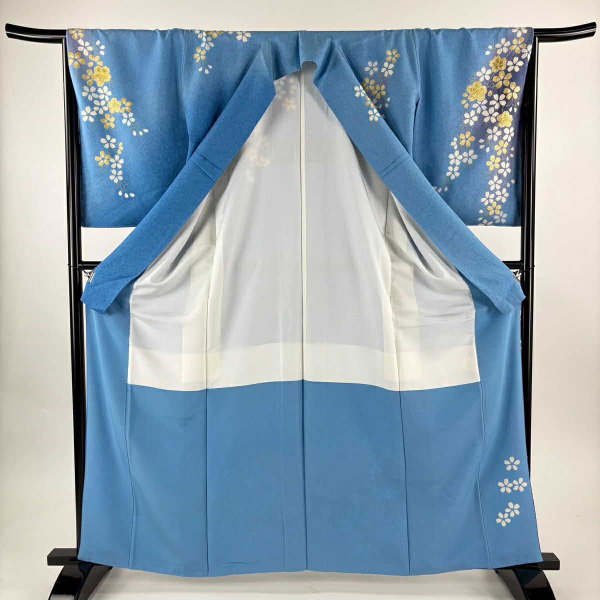 訪問服 身長163cm 袖長66.5cm M 雙層 櫻花 金金箔 金銀彩 水色 純蠶絲 名品級