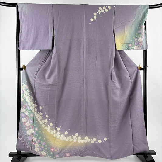 訪問服 身長161cm 袖長66cm M 雙層 梅花花 銀通 絞染 淺紫 純蠶絲 名品級