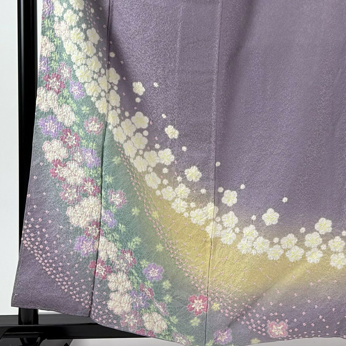 訪問服 身長161cm 袖長66cm M 雙層 梅花花 銀通 絞染 淺紫 純蠶絲 名品級