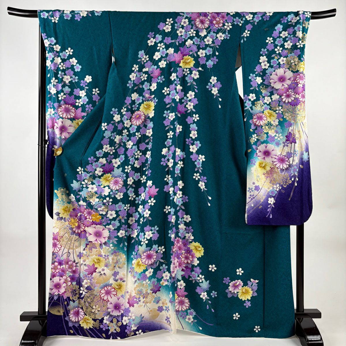 【美品】振袖禮服 身長169cm 袖長69cm L 雙層 藥玉 垂枝櫻 銀通 金絲 深綠 純蠶絲 逸品級