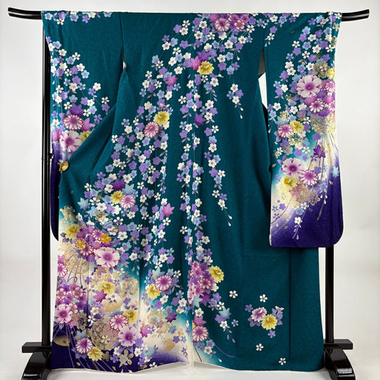 【美品】振袖禮服 身長169cm 袖長69cm L 雙層 藥玉 垂枝櫻 銀通 金絲 深綠 純蠶絲 逸品級