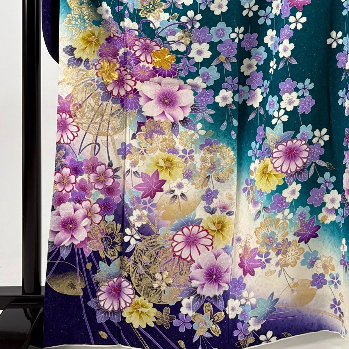 【美品】振袖禮服 身長169cm 袖長69cm L 雙層 藥玉 垂枝櫻 銀通 金絲 深綠 純蠶絲 逸品級