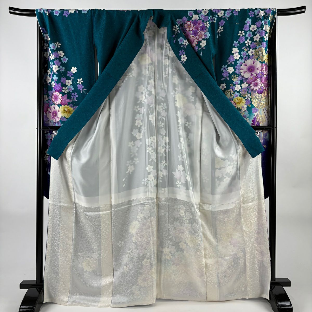 【美品】振袖禮服 身長169cm 袖長69cm L 雙層 藥玉 垂枝櫻 銀通 金絲 深綠 純蠶絲 逸品級