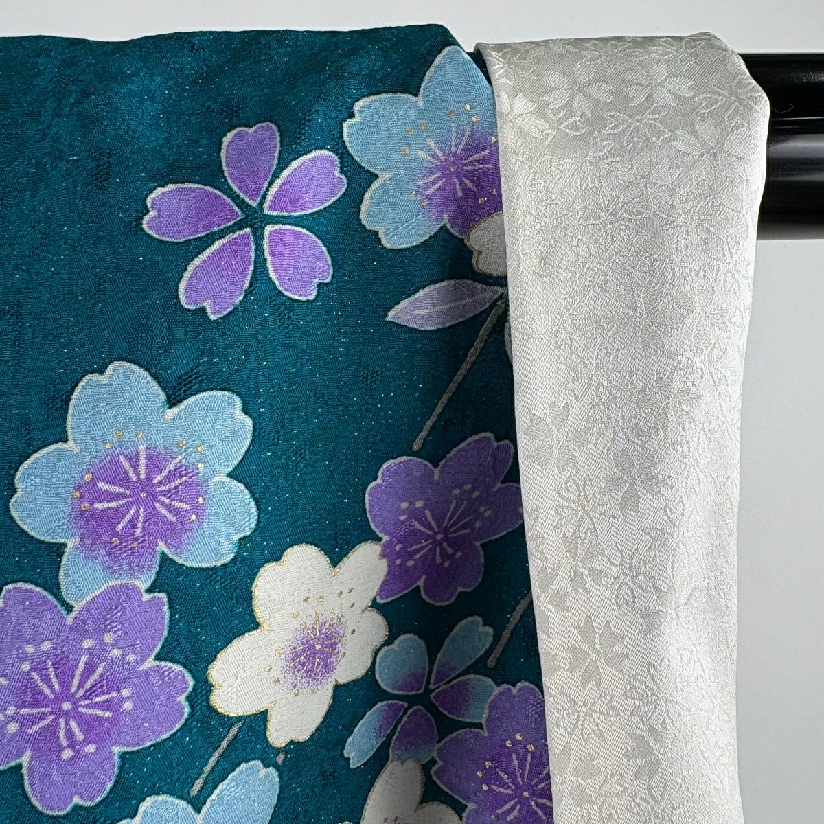 【美品】振袖禮服 身長169cm 袖長69cm L 雙層 藥玉 垂枝櫻 銀通 金絲 深綠 純蠶絲 逸品級