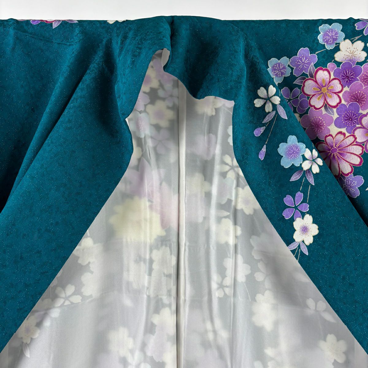 【美品】振袖禮服 身長169cm 袖長69cm L 雙層 藥玉 垂枝櫻 銀通 金絲 深綠 純蠶絲 逸品級