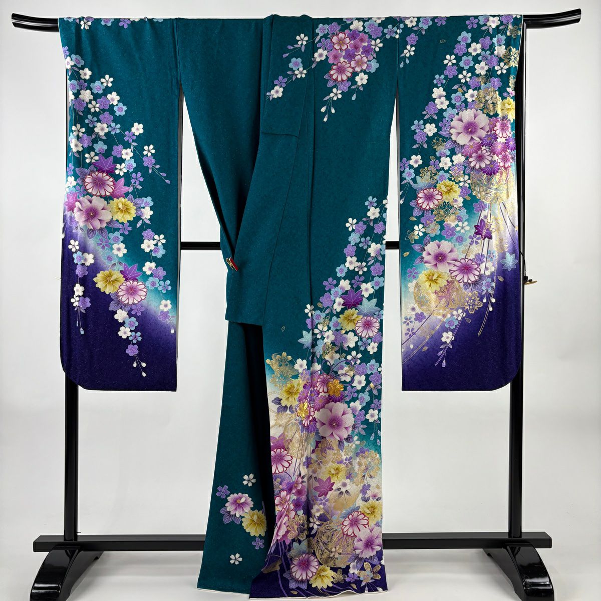 【美品】振袖禮服 身長169cm 袖長69cm L 雙層 藥玉 垂枝櫻 銀通 金絲 深綠 純蠶絲 逸品級