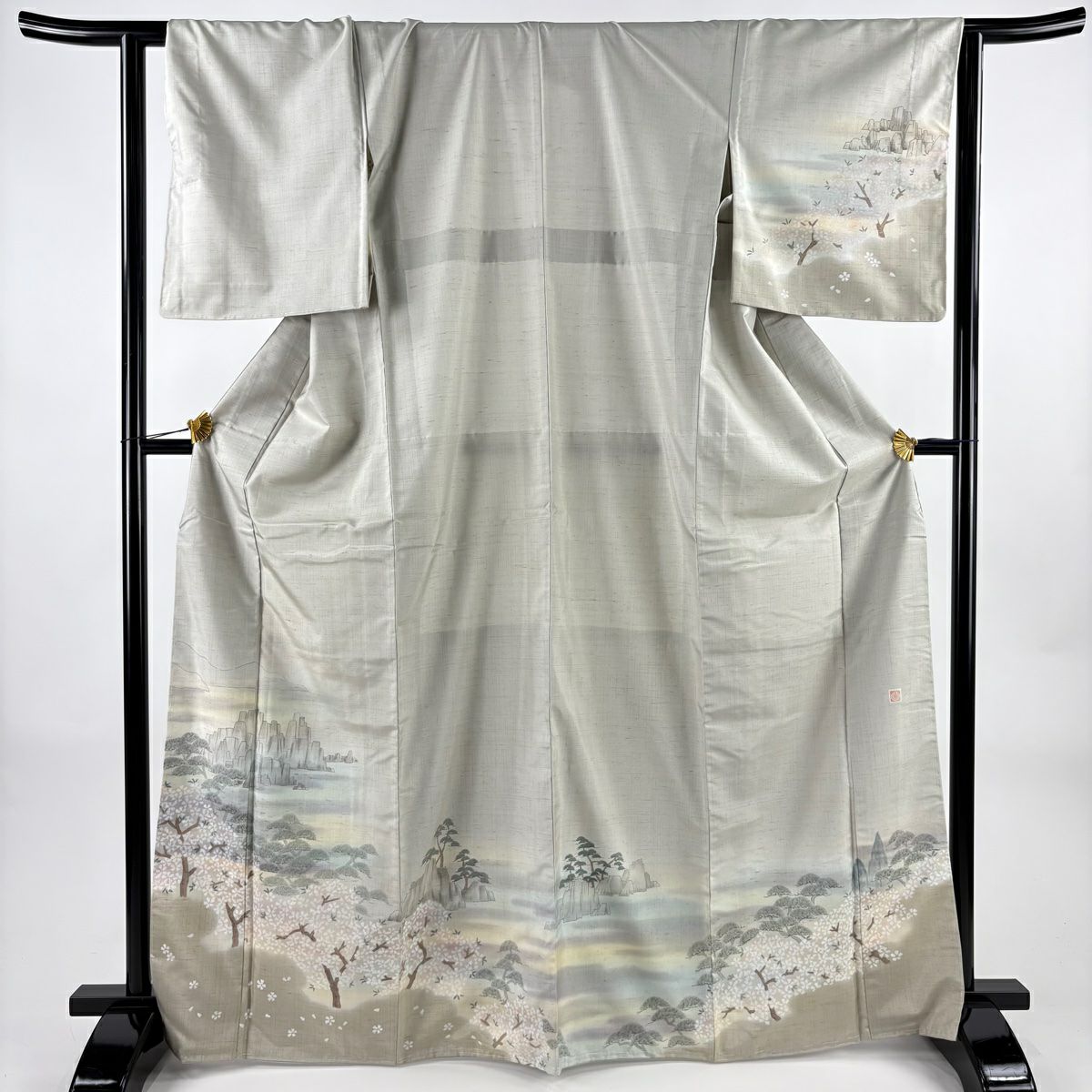 【美品】 付下 身長168cm 袖長66cm M 雙層 牛首紬織織 背抜 落款あり 櫻 松樹 漸層 灰綠 純蠶絲 逸品級