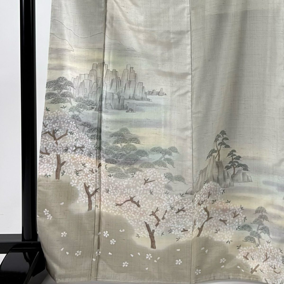 【美品】 付下 身長168cm 袖長66cm M 雙層 牛首紬織織 背抜 落款あり 櫻 松樹 漸層 灰綠 純蠶絲 逸品級