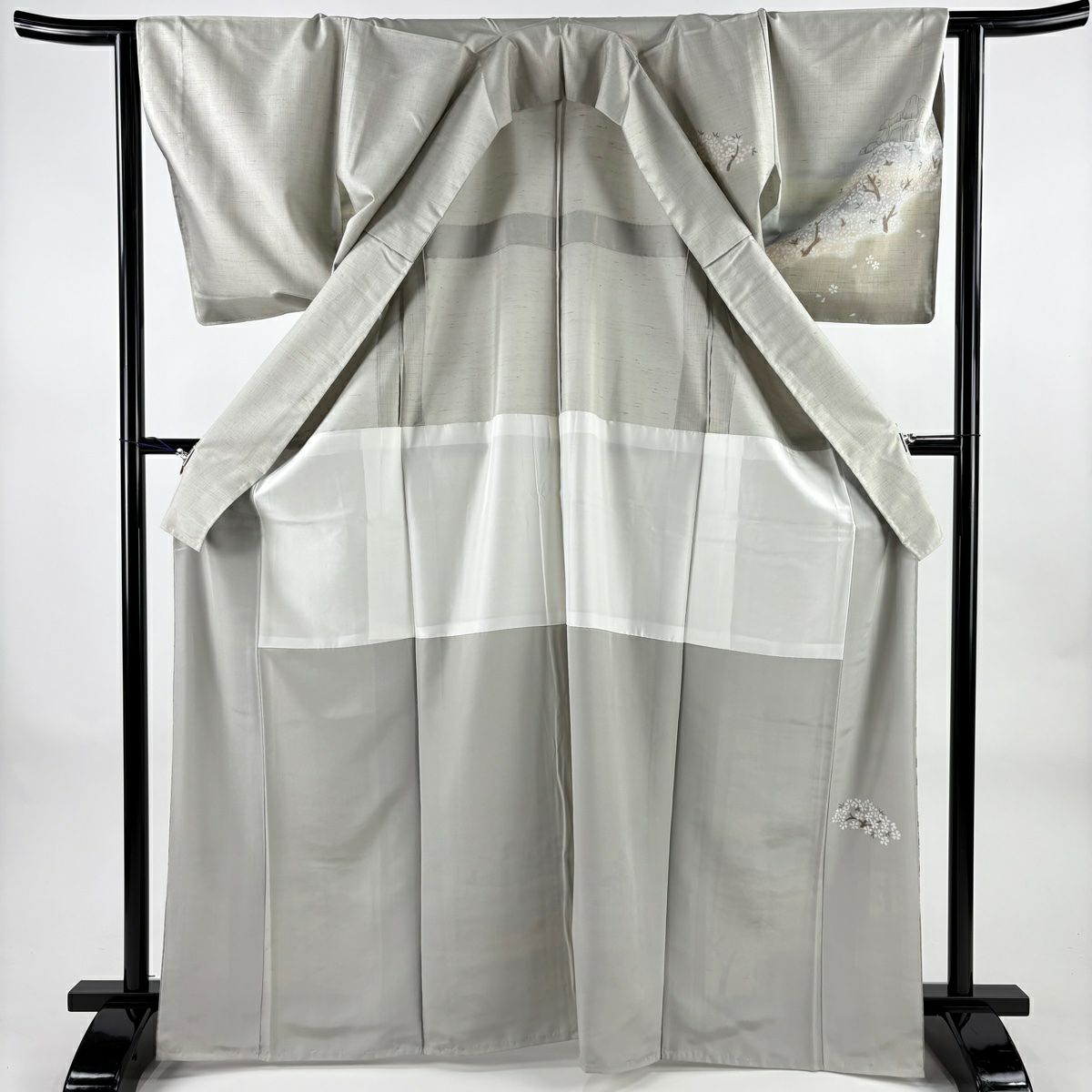 【美品】 付下 身長168cm 袖長66cm M 雙層 牛首紬織織 背抜 落款あり 櫻 松樹 漸層 灰綠 純蠶絲 逸品級