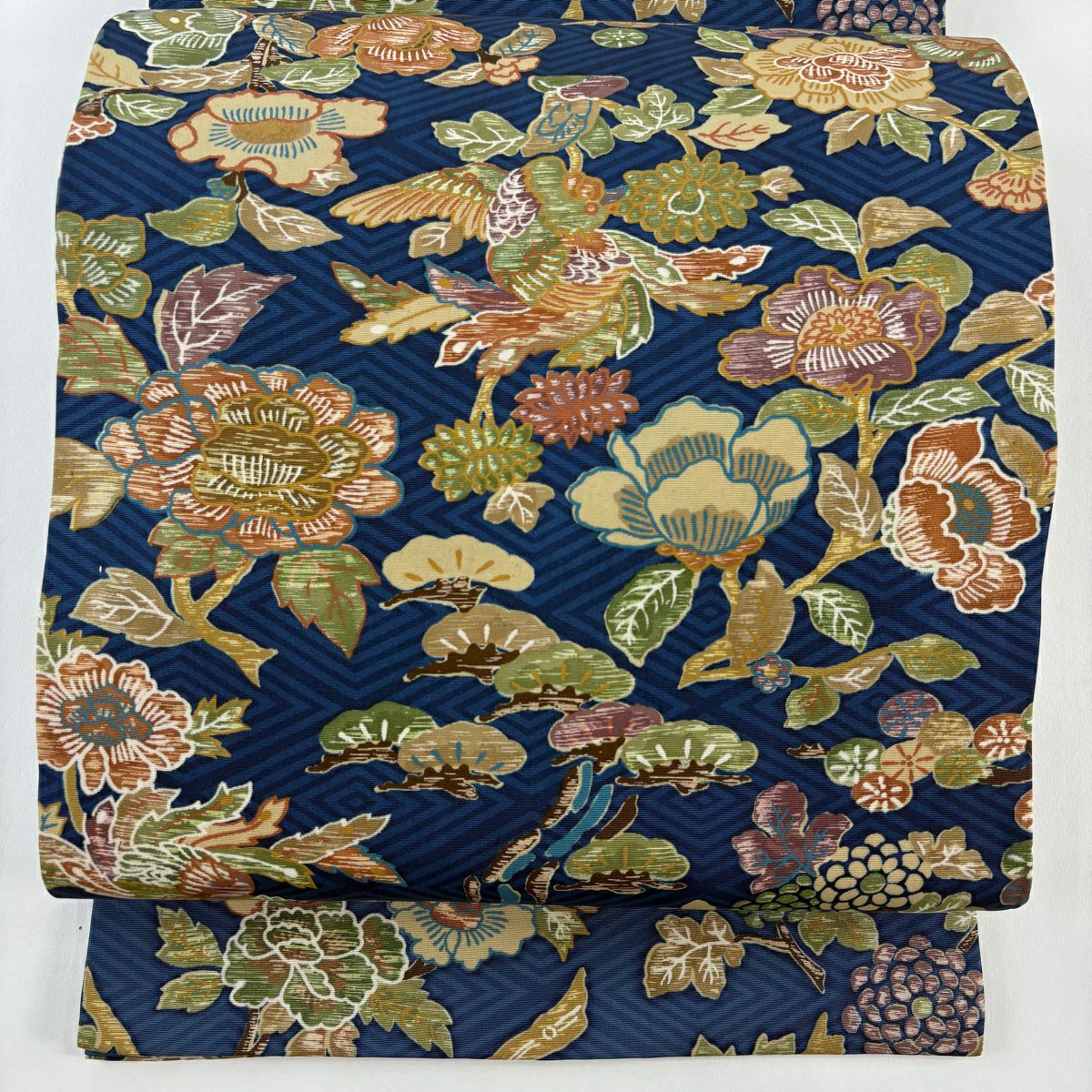 袋帶 逸品級 山岡古都 附落款 枝花 入子菱 深藍 全通 純蠶絲