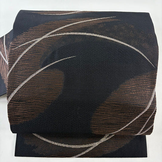 名古屋帶 逸品級 二つ巴 幾何學 金金箔 黑 純蠶絲