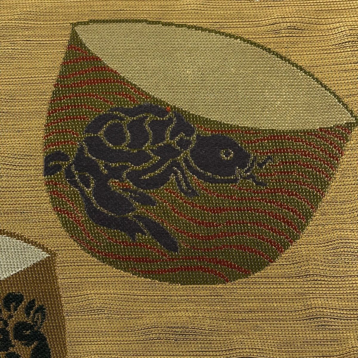 袋帶 名品級 落款あり 器物 荒磯 金糸 薄茶 深藍 六通 純蠶絲
