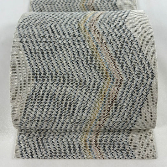 【美品】 名古屋帶 名品級 松樹葉仕立 八寸名古屋帶 夏帶 幾何學 銀通 灰白 純蠶絲