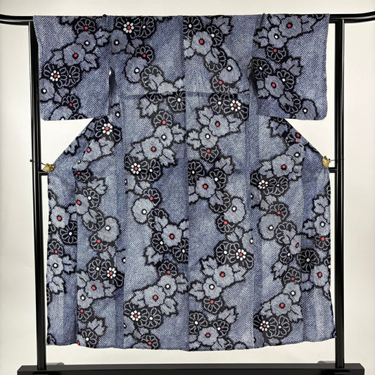 【美品】 浴衣 身長150.5cm 袖長63cm S 絞染浴衣 菊花 深藍 純棉 名品級