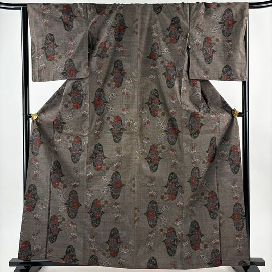 【美品】 大島織 身長163cm 袖長65.5cm M 雙層 純泥染 證書附帶 草花紋紋 焦茶 純蠶絲 名品級