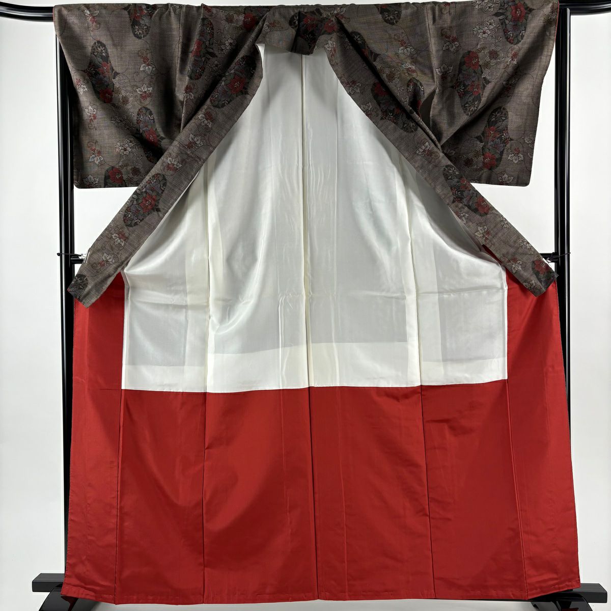 【美品】 大島織 身長163cm 袖長65.5cm M 雙層 純泥染 證書附帶 草花紋紋 焦茶 純蠶絲 名品級