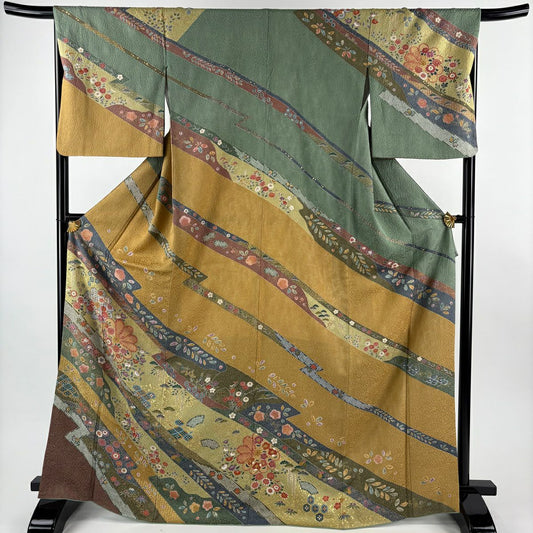 訪問服 身長170.5cm 袖長66.5cm M 雙層 菊花 松樹竹子梅花 金銀彩 薄綠 純蠶絲 名品級