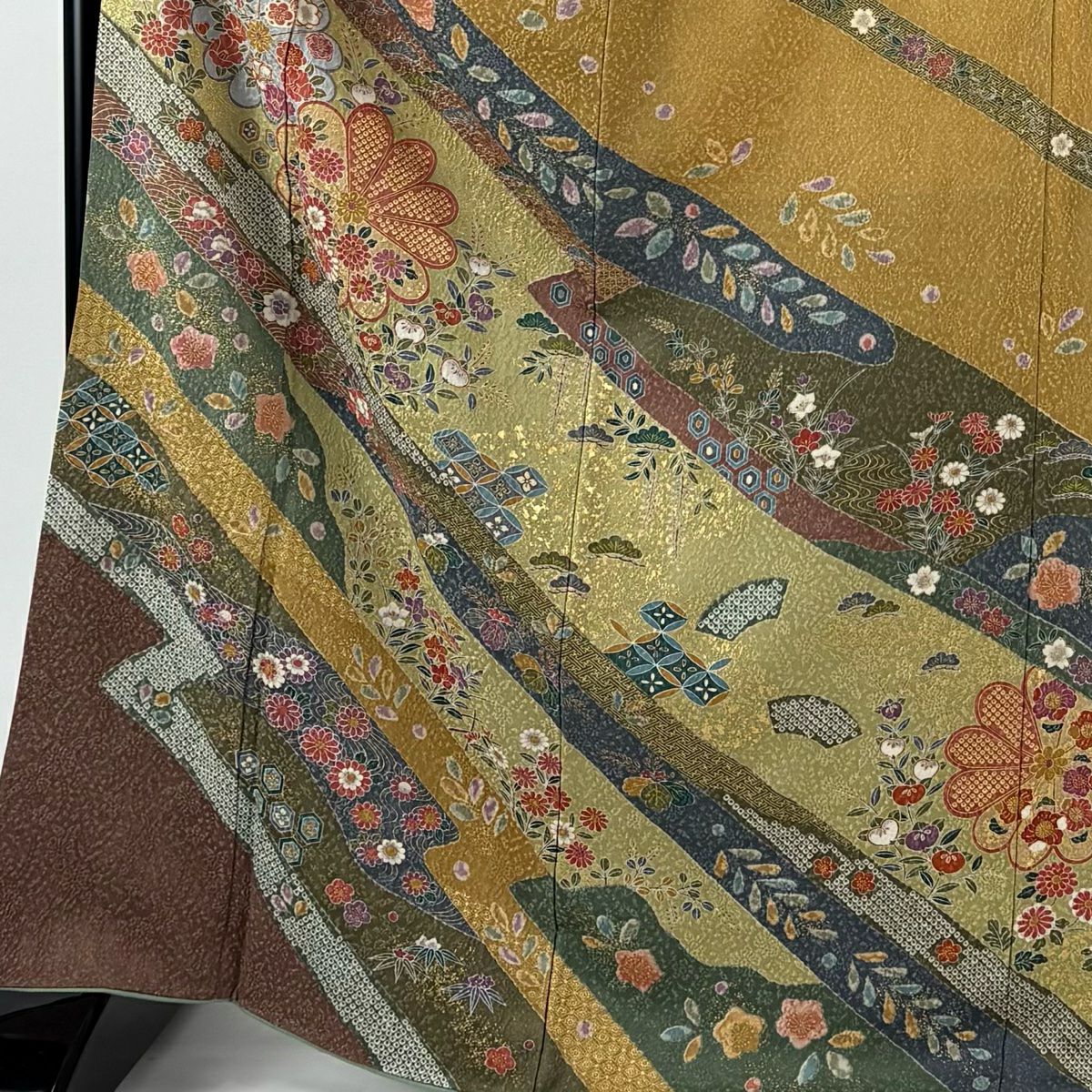 訪問服 身長170.5cm 袖長66.5cm M 雙層 菊花 松樹竹子梅花 金銀彩 薄綠 純蠶絲 名品級