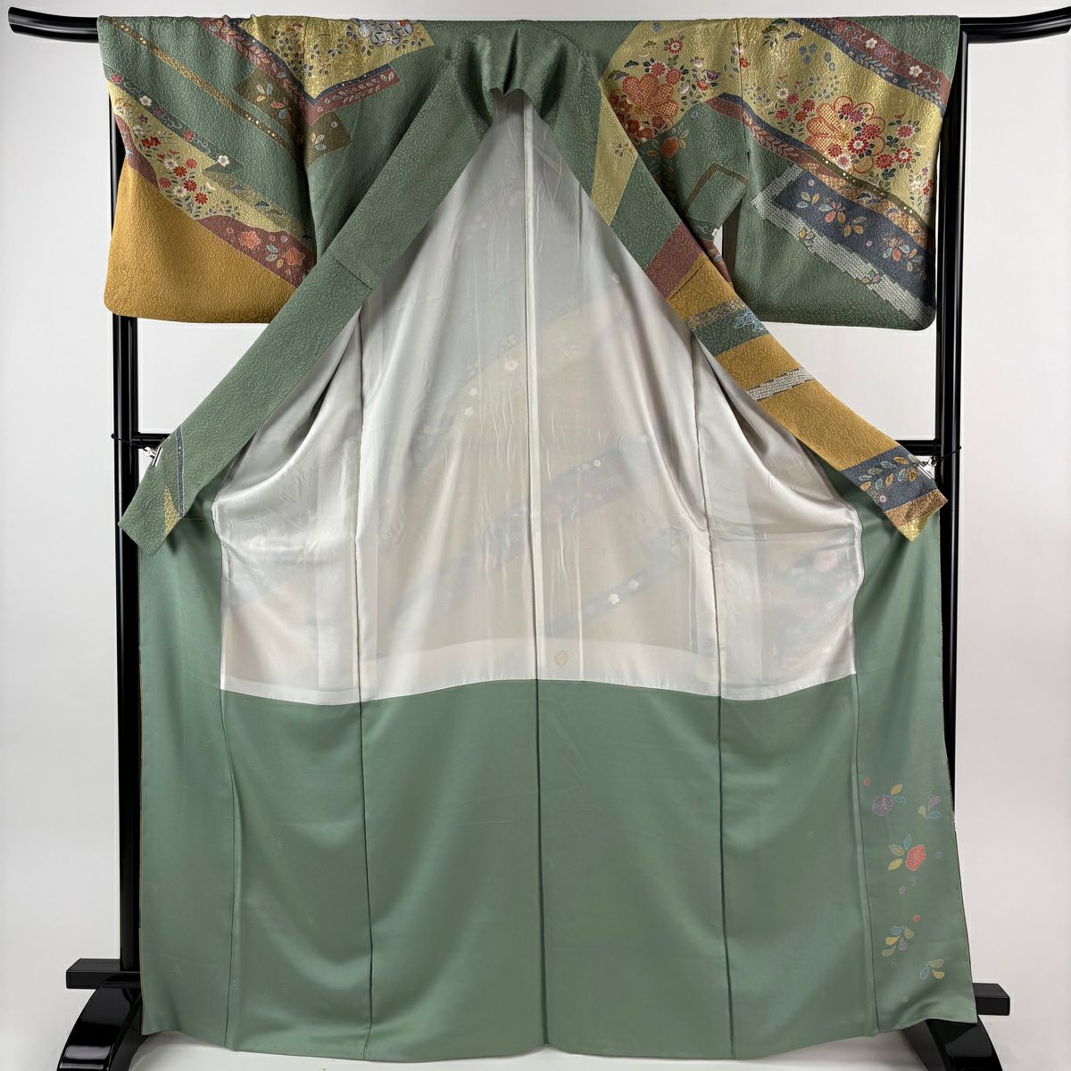 訪問服 身長170.5cm 袖長66.5cm M 雙層 菊花 松樹竹子梅花 金銀彩 薄綠 純蠶絲 名品級