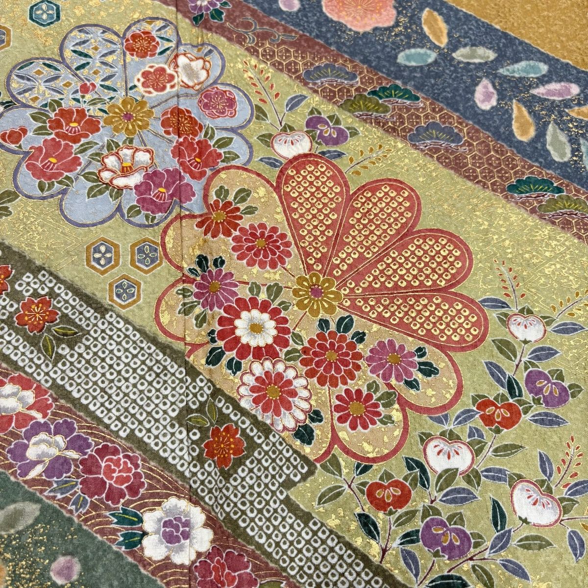 訪問服 身長170.5cm 袖長66.5cm M 雙層 菊花 松樹竹子梅花 金銀彩 薄綠 純蠶絲 名品級