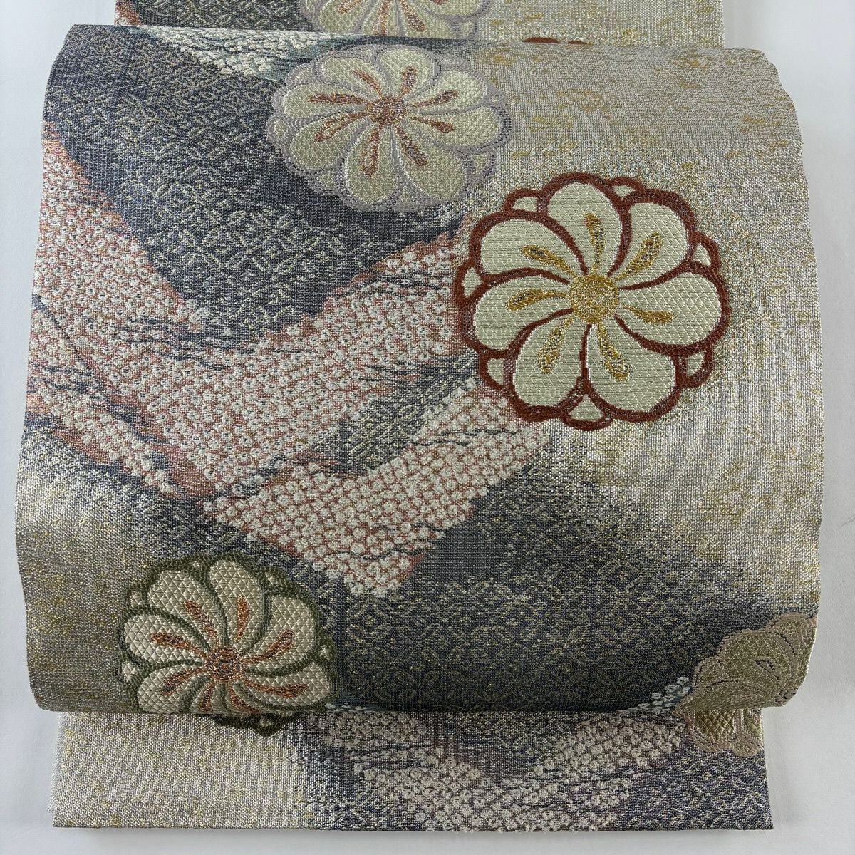 【美品】 袋帶 逸品級 誉田屋源兵衛 落款 鈴乃屋 花 七寶 金銀彩 金金箔 灰紫 六通 純蠶絲