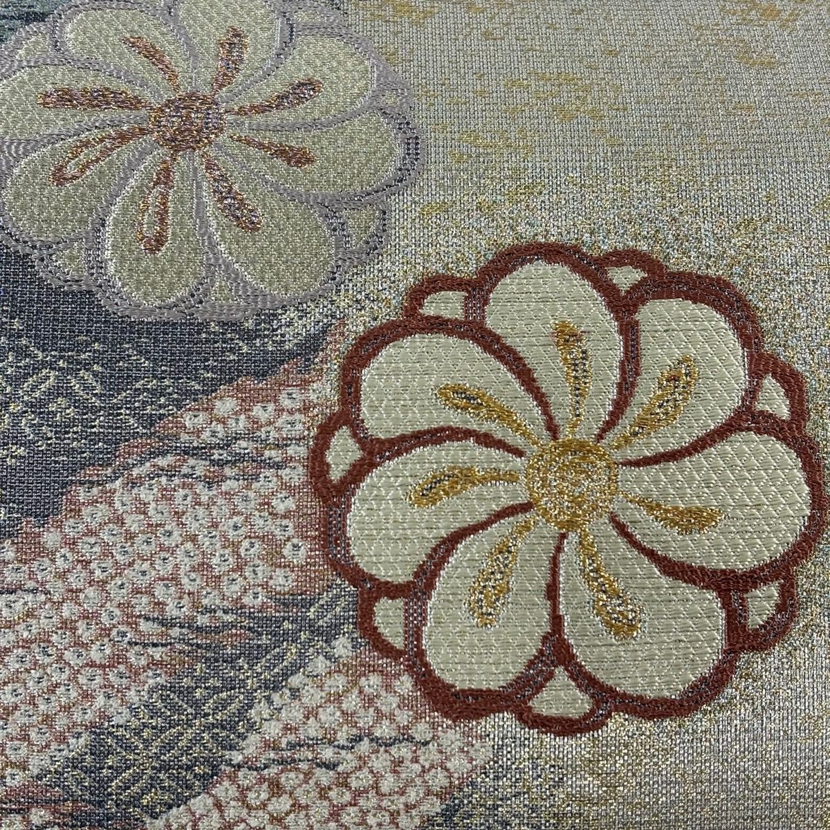 【美品】 袋帶 逸品級 誉田屋源兵衛 落款 鈴乃屋 花 七寶 金銀彩 金金箔 灰紫 六通 純蠶絲