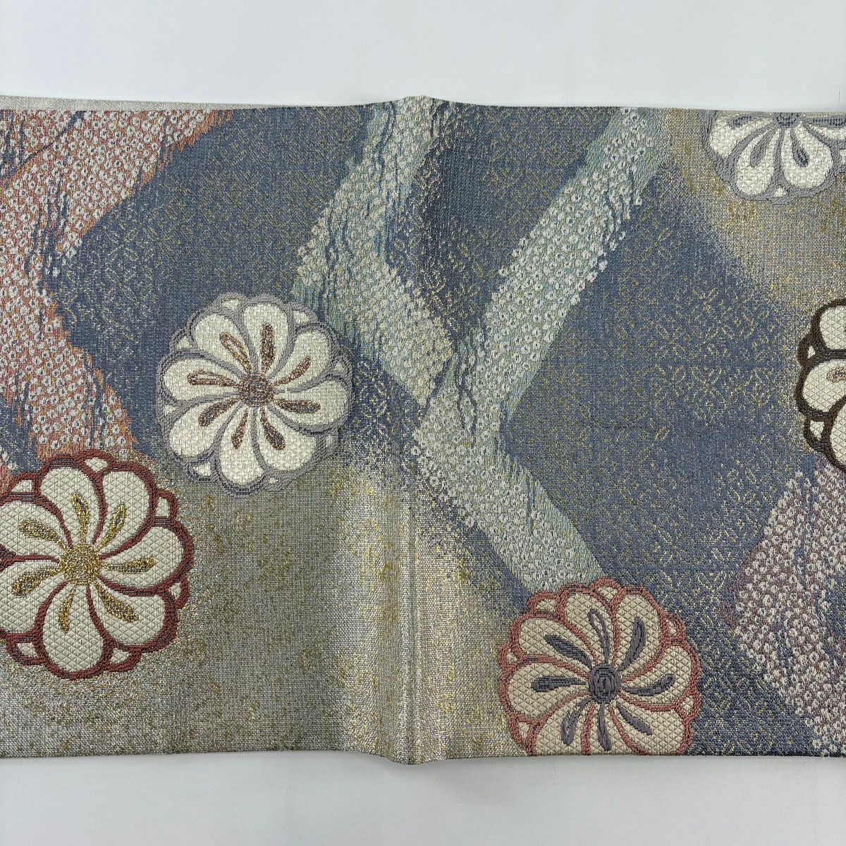 【美品】 袋帶 逸品級 誉田屋源兵衛 落款 鈴乃屋 花 七寶 金銀彩 金金箔 灰紫 六通 純蠶絲