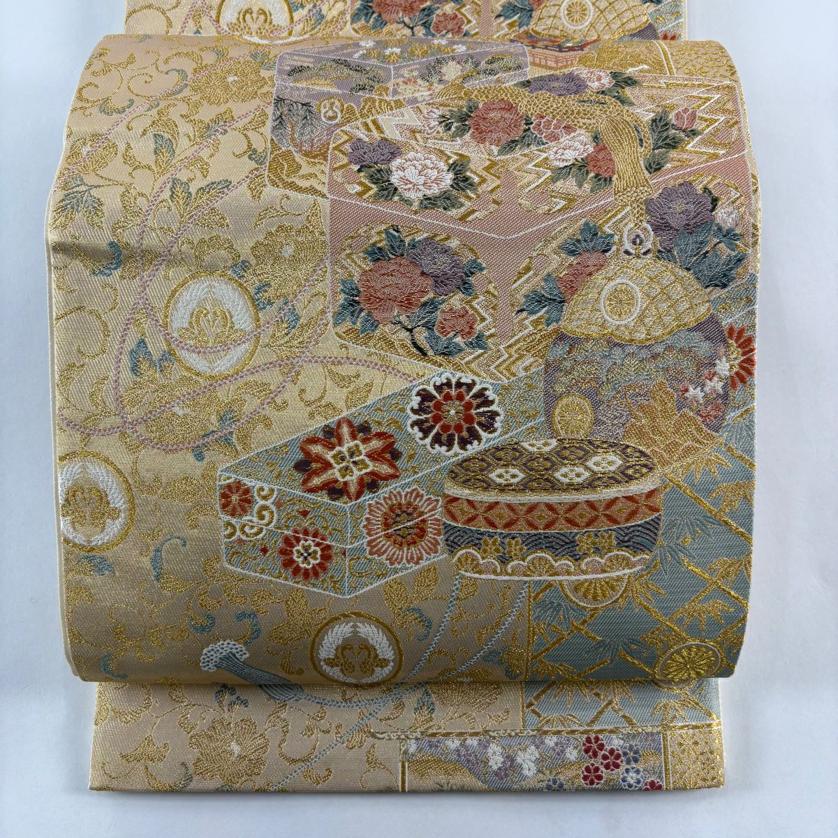 袋帶 秀品級 紅手箱牡丹蒔繪之圖 金絲 金金箔 金色 六通 純蠶絲