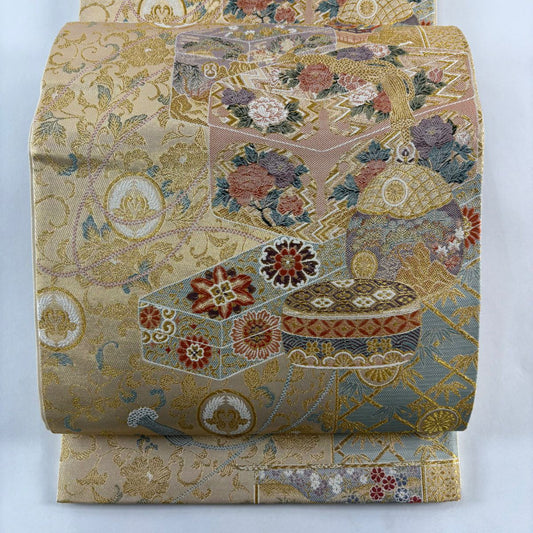 袋帶 秀品級 紅手箱牡丹蒔繪之圖 金絲 金金箔 金色 六通 純蠶絲