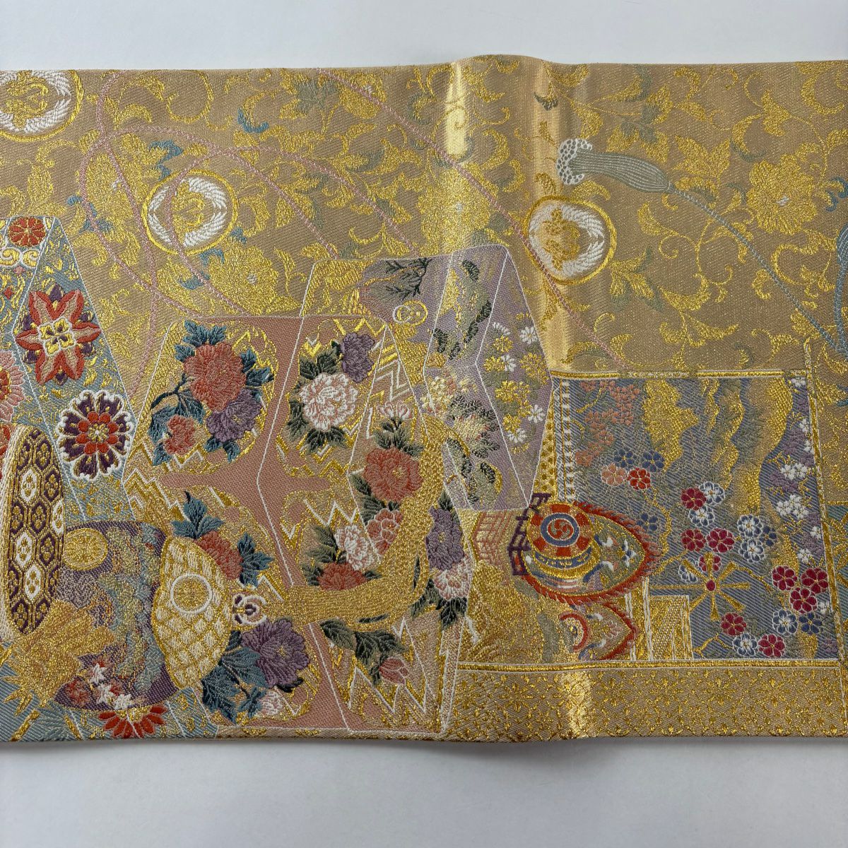 袋帶 秀品級 紅手箱牡丹蒔繪之圖 金絲 金金箔 金色 六通 純蠶絲