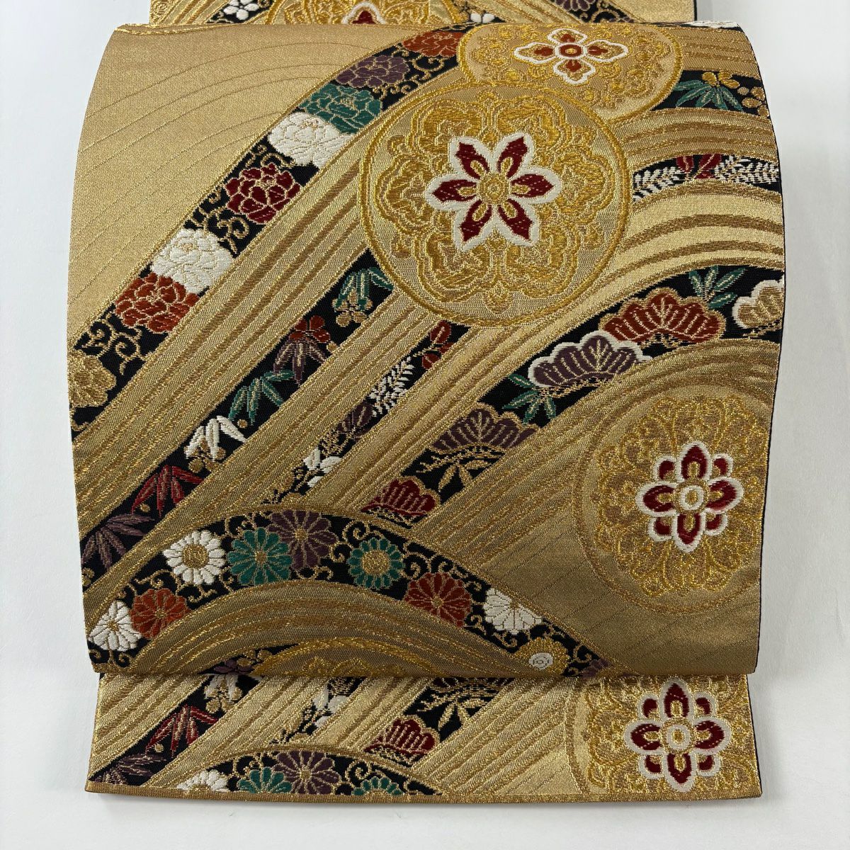 【美品】 袋帶 秀品級 振袖禮服禮服用 華紋 松樹竹子梅花 金絲 金金箔 金色 六通 純蠶絲